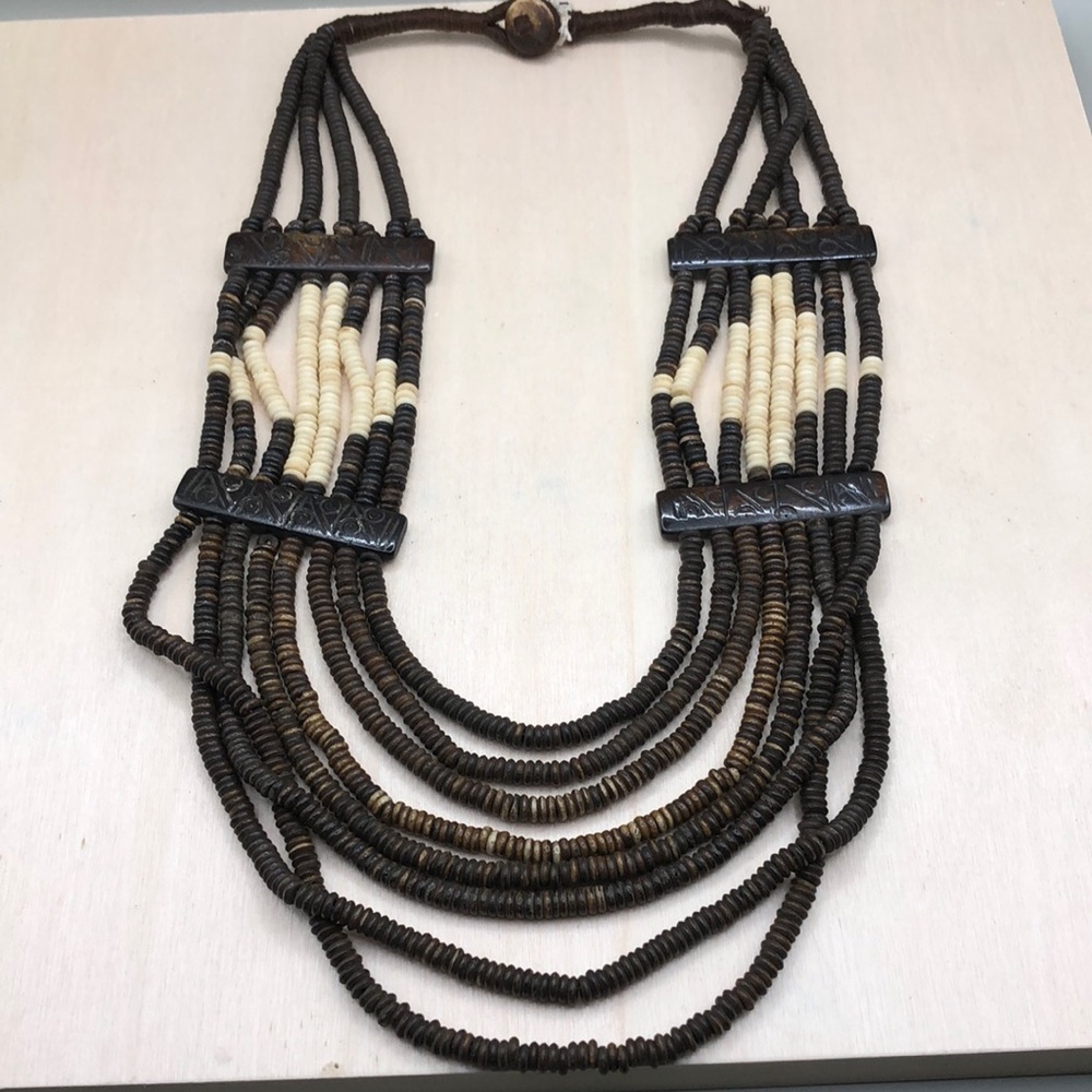 Vintage artisan statement size bone bead necklace, boho festival.